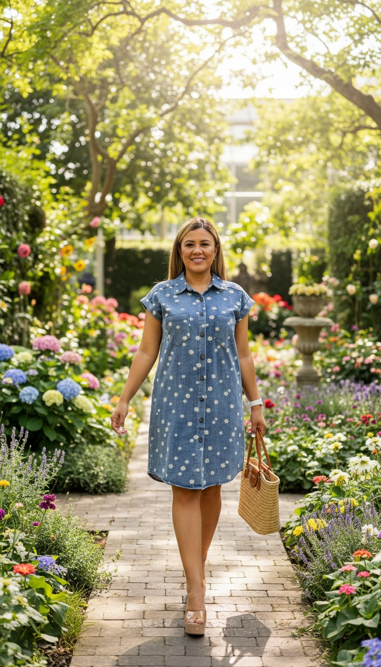 Vestido Azul de Mezclilla Estampado Flores Blancas
